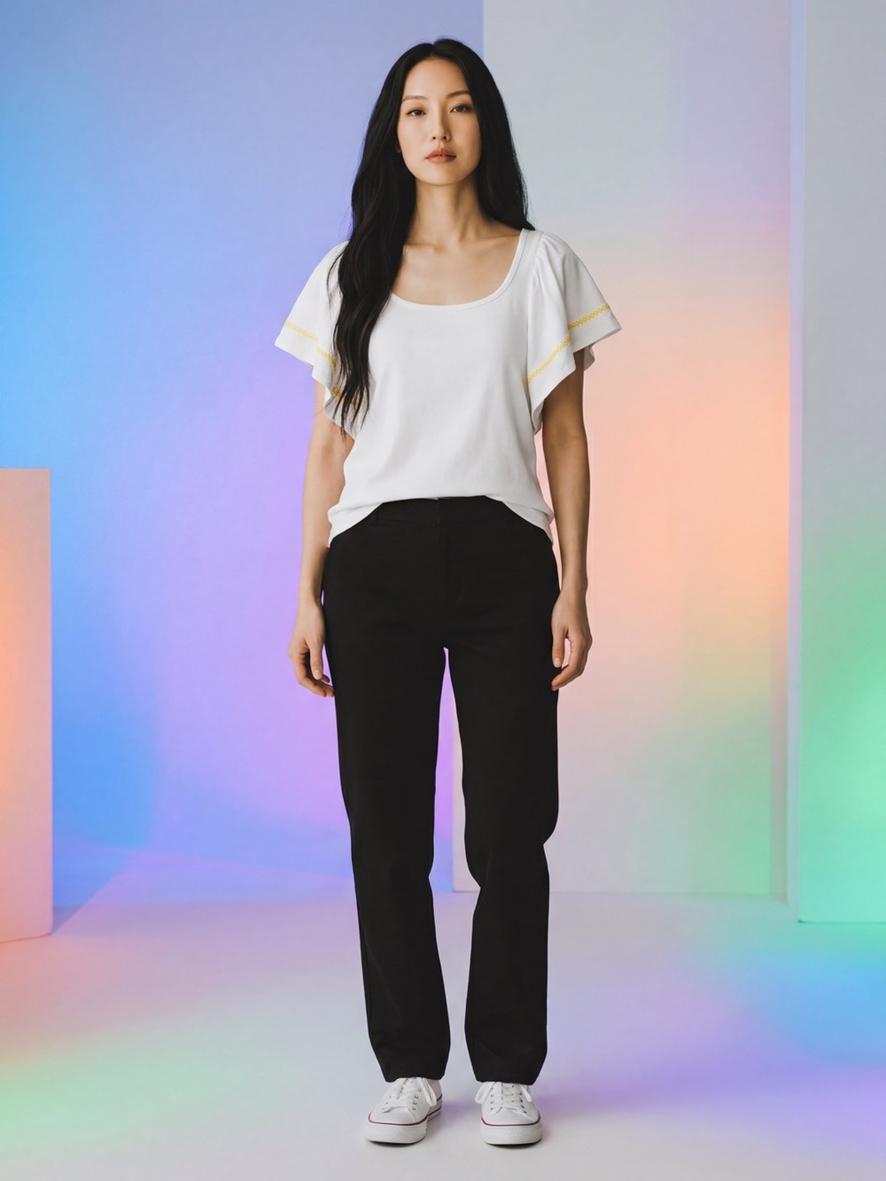 Maeve Anthropologie White Flutter Sleeve Top Small Yellow Trim